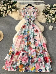 Summer Holiday Gorgeous Floral Retro Dress Women Sleeveless Ruffles Flower Print Dress Female Bohemain Robe Festival Vestidos