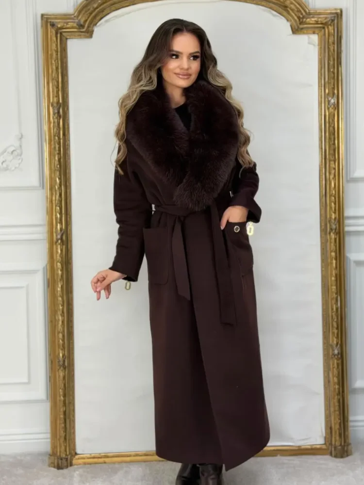 Chic Lace Up Fur Collar Patchwork Woolen Overcoat Women Solid V-neck Full Sleeve Loose Coats 2026 Lady High Street Warm Outwears