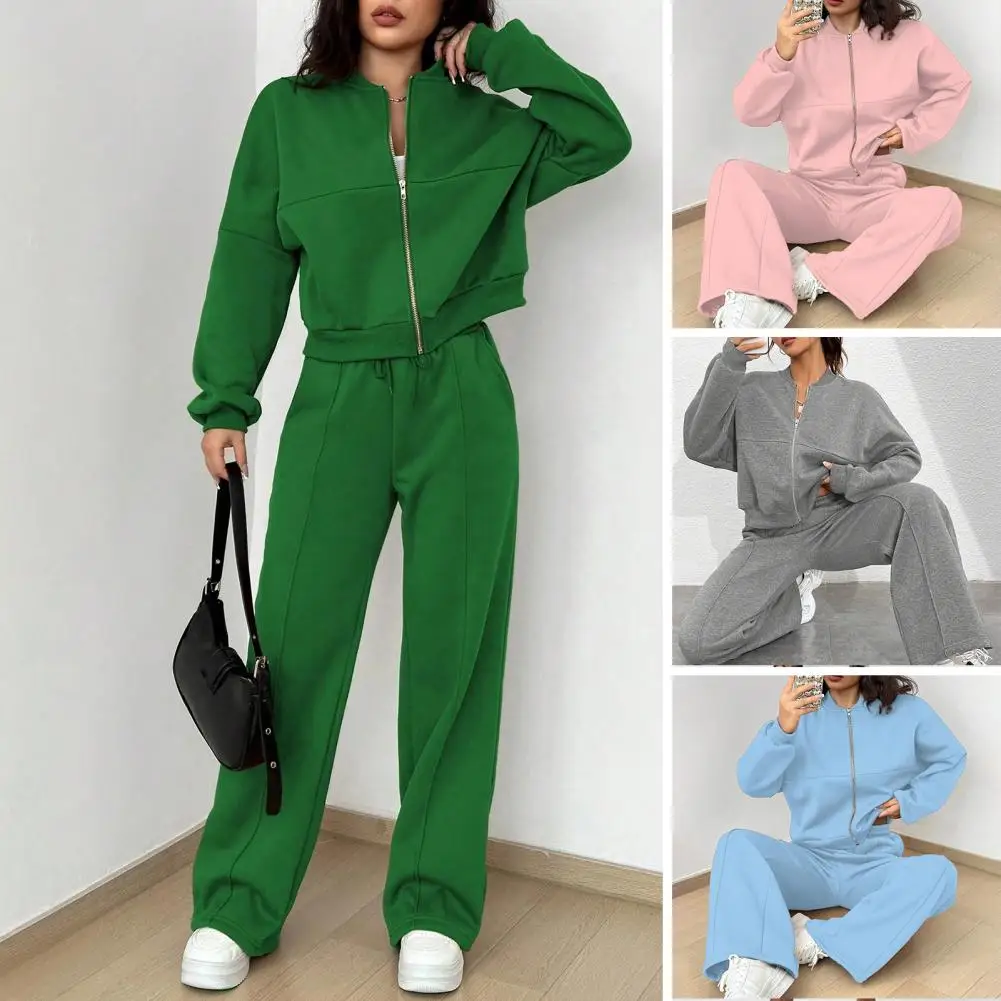 Autumn Coat Pants Set Women\'s Sporty Tracksuit Set with Stand Collar Jacket Elastic Cuff Sleeves High Waist Wide Leg for Active