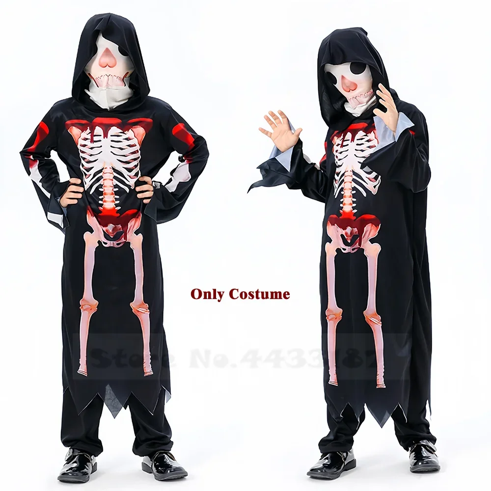 Scary Skeleton Clothes Halloween Grim Reaper Cosplay Costume Send Scythe Props Children Glowing Red Eyes Grim Reaper Ghost Robe