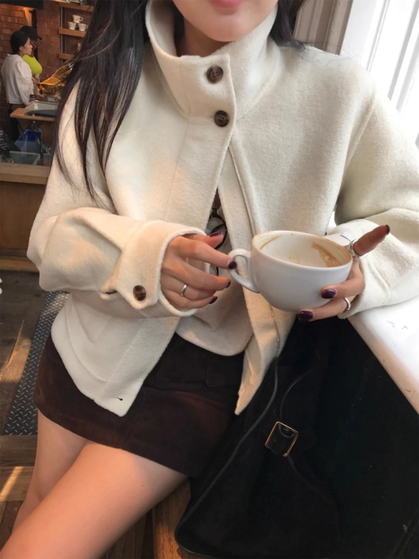 

Ele ort Woolen Jaet Women's Loose Fit Stand Collar Double ket Zipper Pure Color Top for Winter 2025 Commute Sle