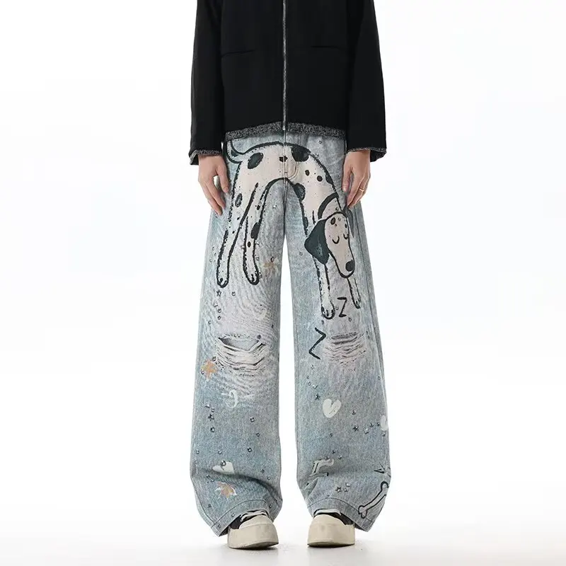 American Design Sense Hand-Drawn Spot Dog Jeans Streetwear Fun Hip Hop Graffiti Wide Leg Pants Unisex Casual Jeans