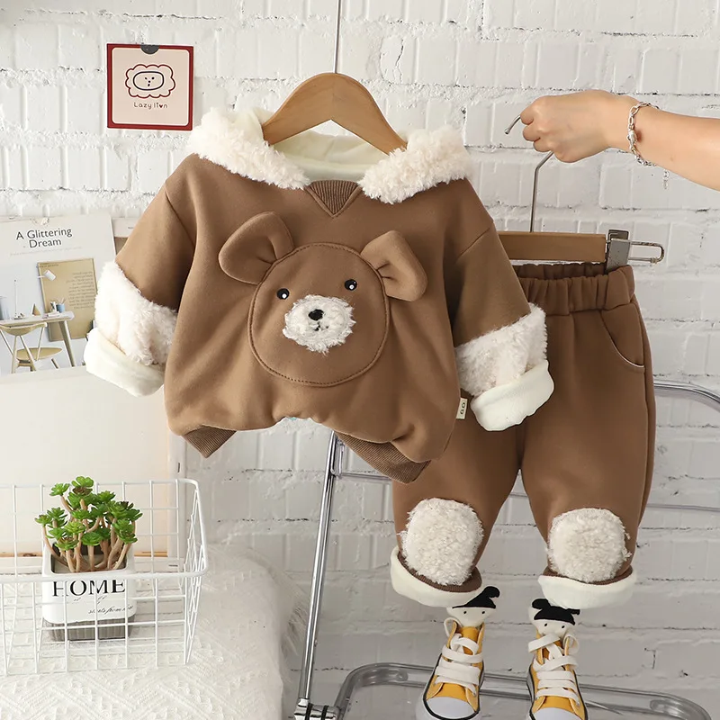 

Baby Boys Girls Winter Clothing Sets Children Hooded Sweater Pants Soft Plush Kids Tracksuit Cartoon Bear Infant Clothes Outfits