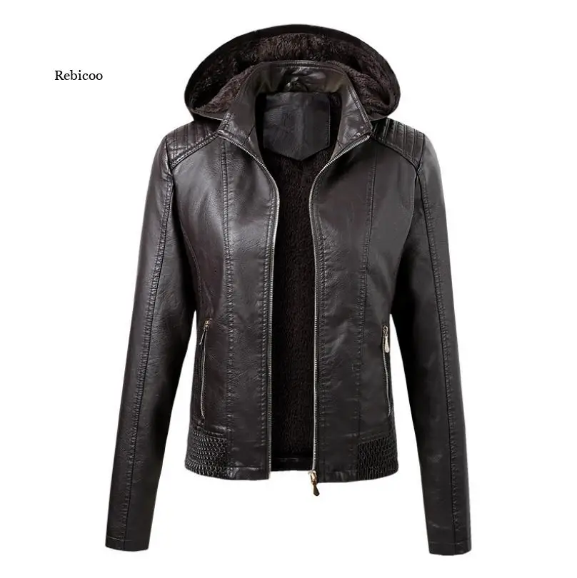 New Faux Pu Leather Jackets Women Autumn Hooded Outerwear Pockets Zipper Coat Slim Biker Jacket Hoodies Plus Velvet