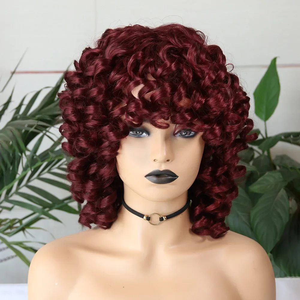 Short Afro Synthetic Orange Kinky Curly Wigs with Bangs for Black Women Natural Heat Resistant Hair Cosplay Highlight Wigs