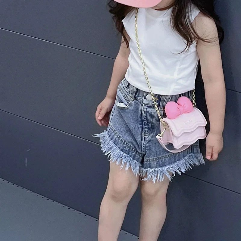 Kids Butterfly Knot Chain Crossbody Bag for Girl Mini Shoulder Bag Letter Design Buckle PU Leather Waterproof Fashion Satchel