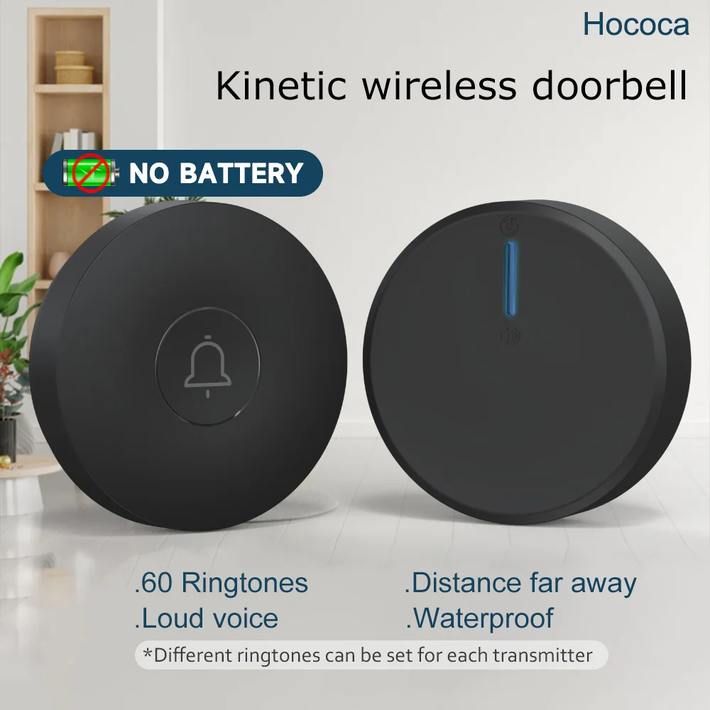 Circular Black Self Powered Wireless Doorbell AC 110v 220v US/EU Plug With 60 Rings Waterproof Long-Distance Kinetic Door Bell