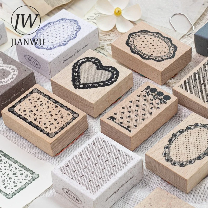 JIANWU Vintage Lace Flower Border Landscape Material Collage Wooden Stamp Creative DIY Journal Student Supplies Stationery