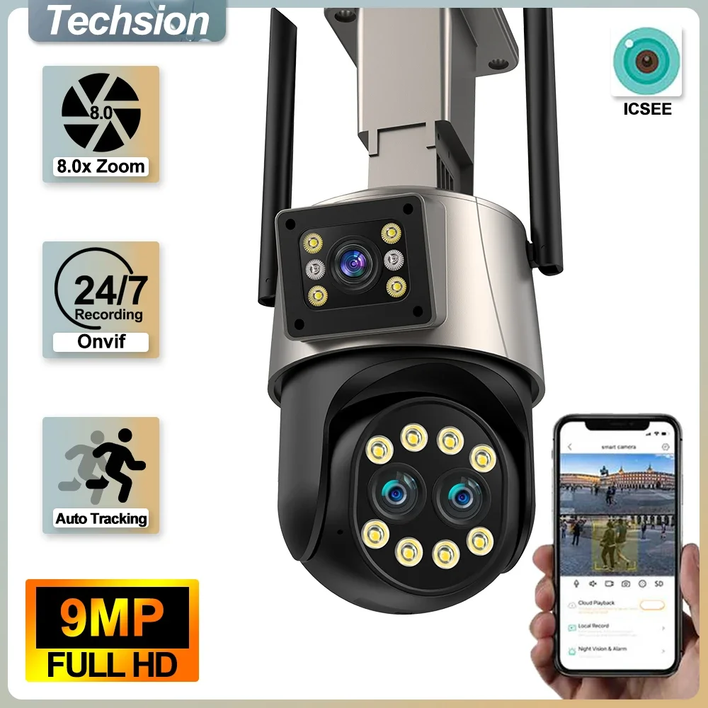 9MP 4K Three Lens PTZ Outdoor WiFi Camera 8X Zoom Auto Motion Tracking Waterproof 2K Wireless IP Camera for Home Security