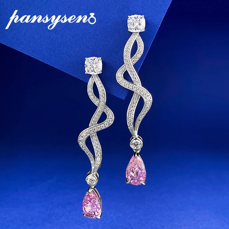 

PANSYSEN Luxury 925 Sterling Silver 7x11MM Pear Cut Pink Sapphire High Carbon Diamond Gemstone Dangle Drop Earrings Wedding Gift