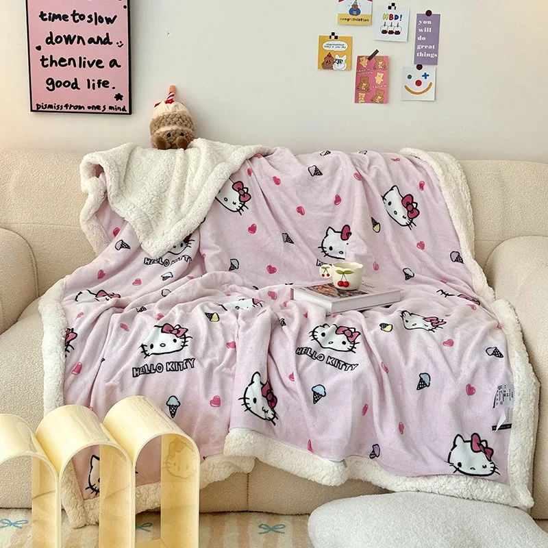 Hello Kitty Lamb Wool Plush Kids Blanket Cartoon Kuromi Melody Cinnamoroll Anime Warm Throw Blanket for Sofa Bedroom Decor Gifts