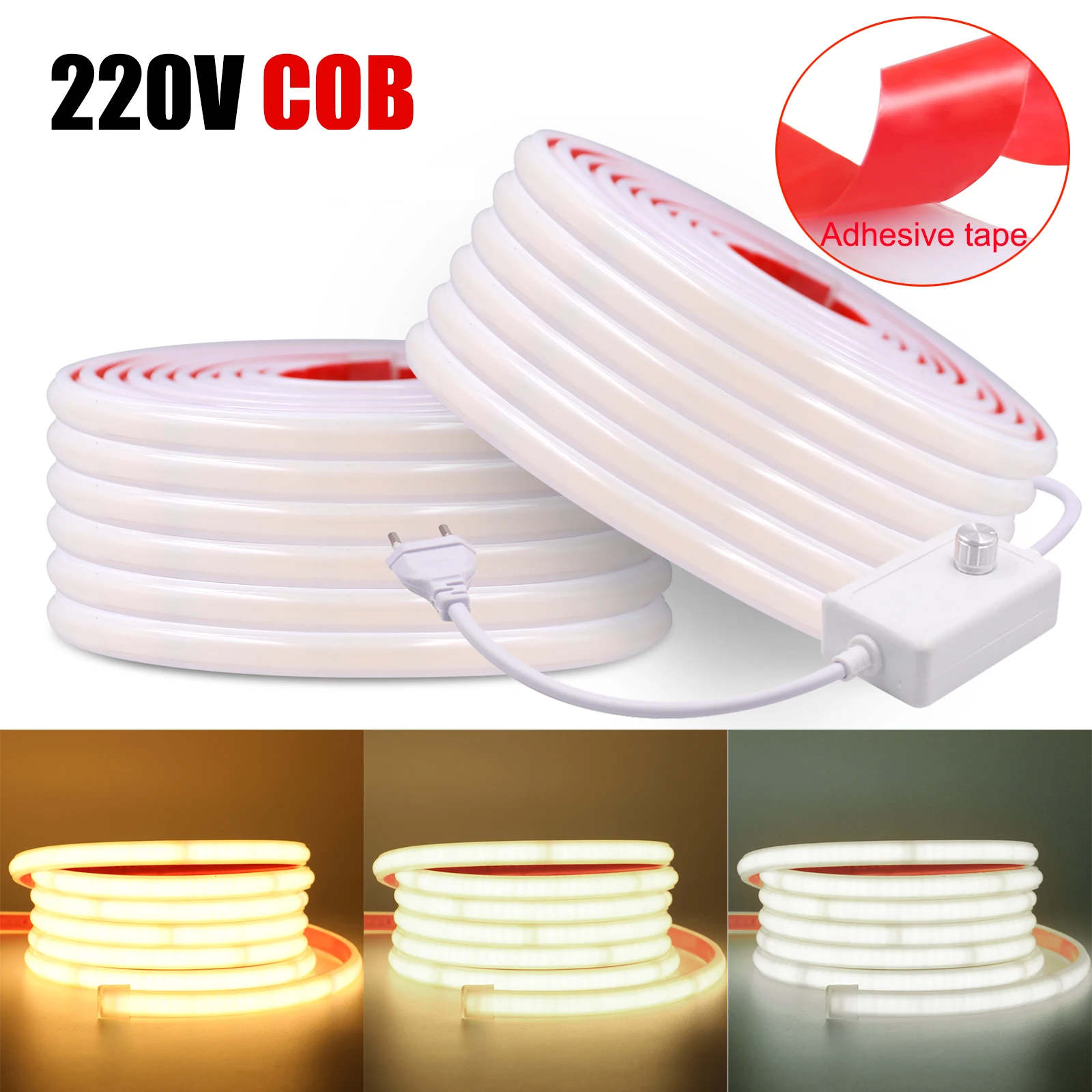 Dimmable COB LED Strip Light 220V Flexible COB Tape Light 10CM Cuttable 240LEDs High Density Linear Light Waterproof COB Lights