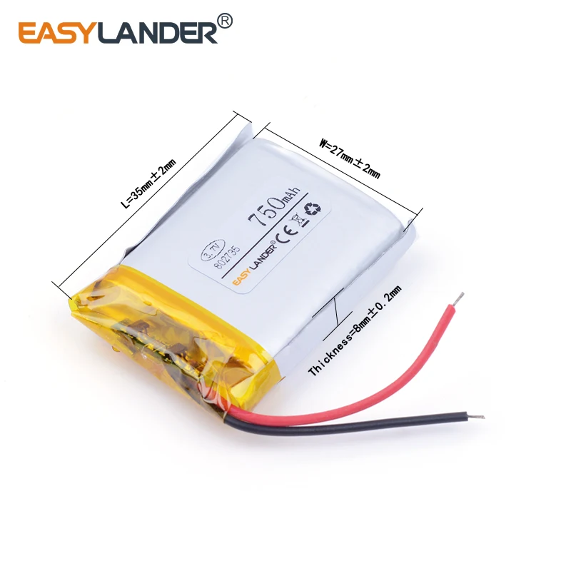 3.7V 750mAh 802735 Rechargeable Lithium Li-ion Li Polymer Battery For phone Camera DVD E-book bluetooth headset