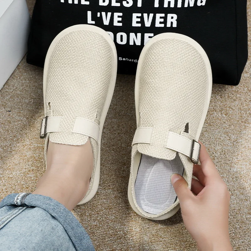 2025 الرجال الكتان المغطاة تو الشرائح الصيف تنفس داخلي شباشب لخارج المنزل حجم كبير الراحة مكتب تخفيف الأحذية غير رسمية #4