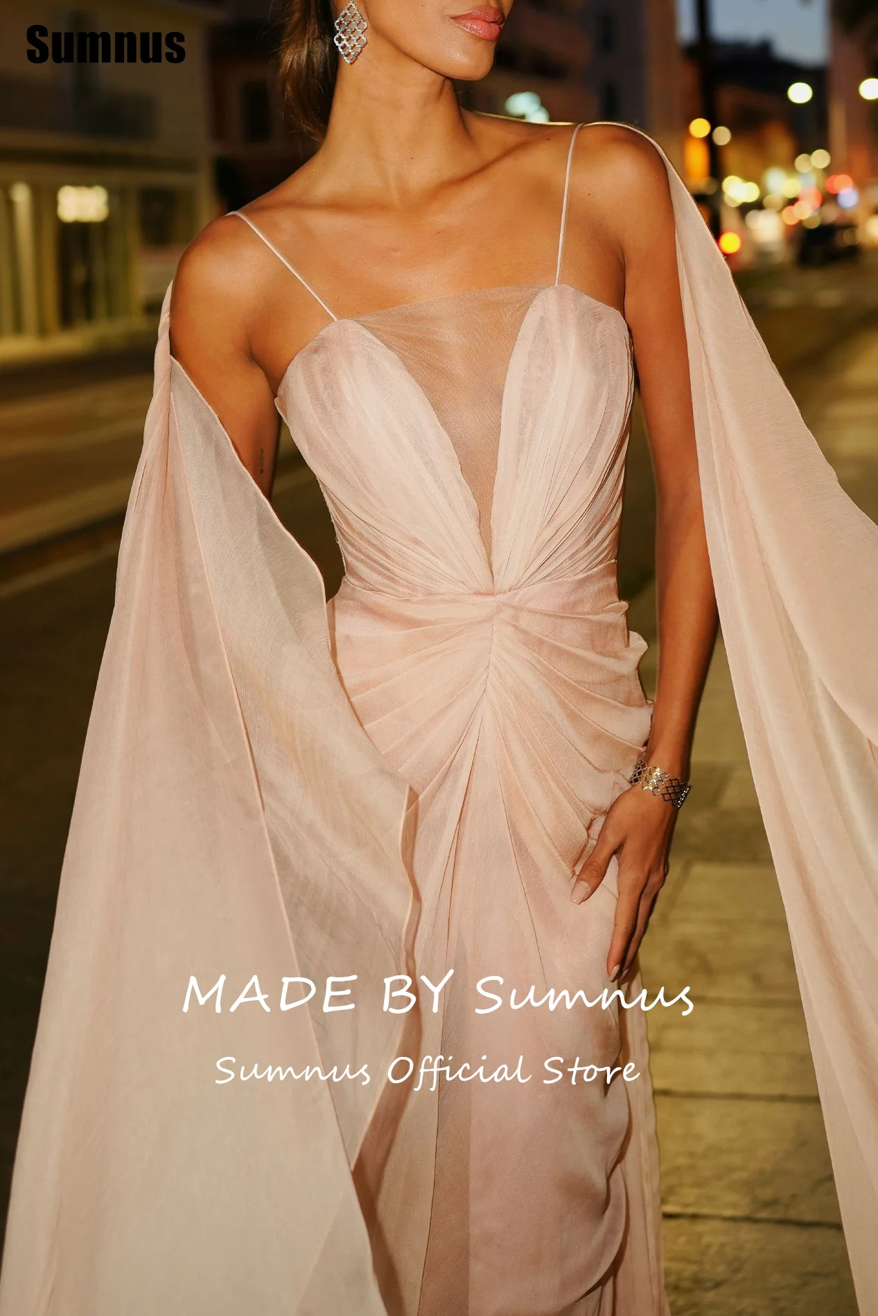 Sumnus Einfache Meerjungfrau Prom Kleider Chiffon Falte Spaghetti Strap V-ausschnitt Maxi Abendkleid Mit Schal Vestidos Angepasst