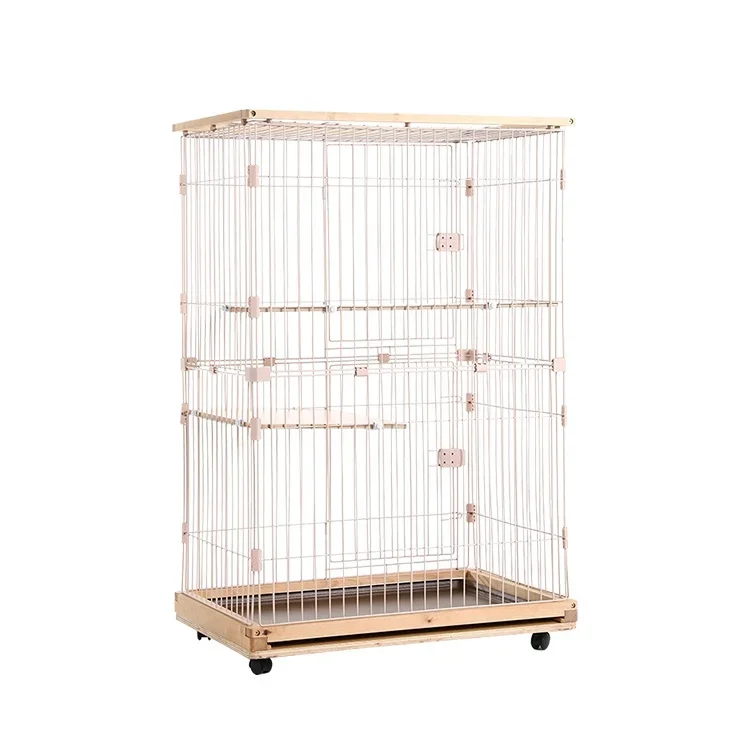 Wholesale Metal Wired 3 Layer Cat Cage Wooden Frame Cat Rabbit Cage with Wheel