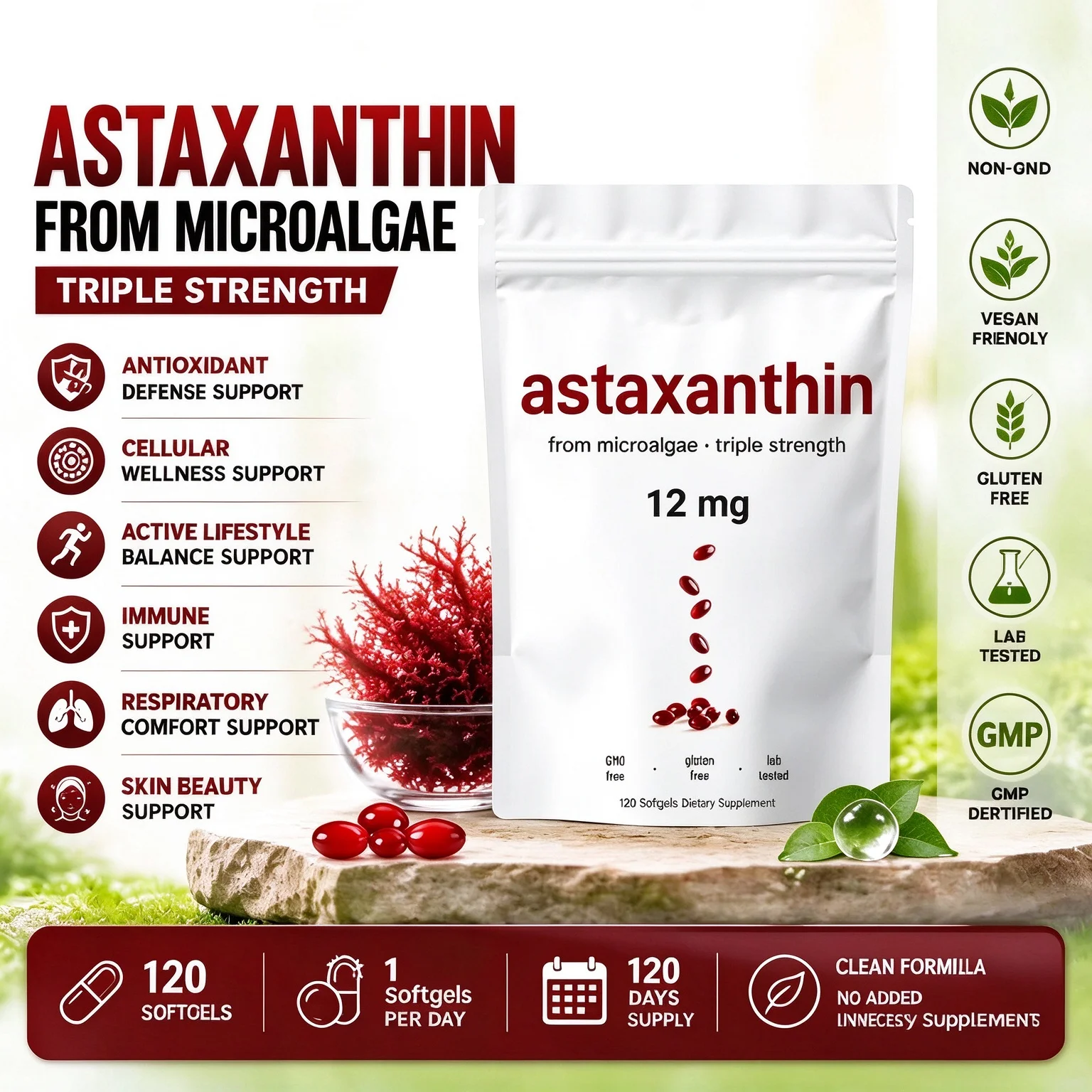 Astaxanthin 12mg 120 Softgels Triple Strength Microalgae Antioxidant Supplement Support Immune Skin Beauty Cellular Wellness