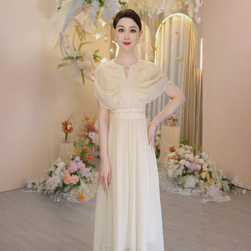 

2025 New Pile Sleeve Evening Dresses Women's Chic Y2K Short Sleeve High-End Slim Super Beautiful Unique Beautiful Banquet Dress