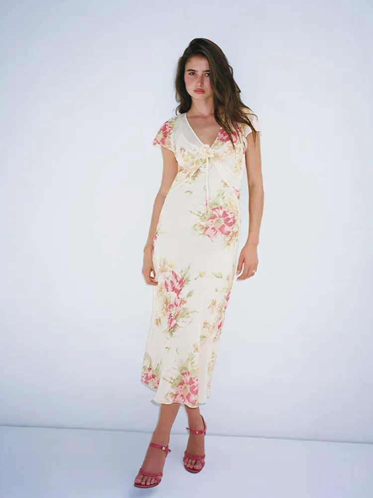 Reformation Long V-Neck Floral Slimming Dress Vintage Style Fairy Skirt Polyester Fiber Short Sleeve High Waist Summer Dress