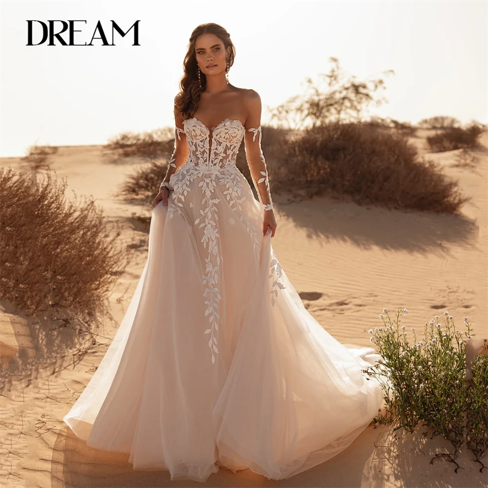 DREAM Lace Long Sleeves A-Line Wedding Dress Appliqued Sweetheart Open Back Tulle Pleat Bridal Gown Vestidos De Novia Customized