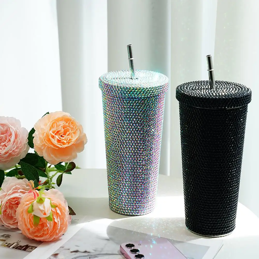 750ml Shining Rhinestone Stainless Steel Double Layer Cups Straw Cup With Lid Water Bottle Women Glitter Cup Water Cups