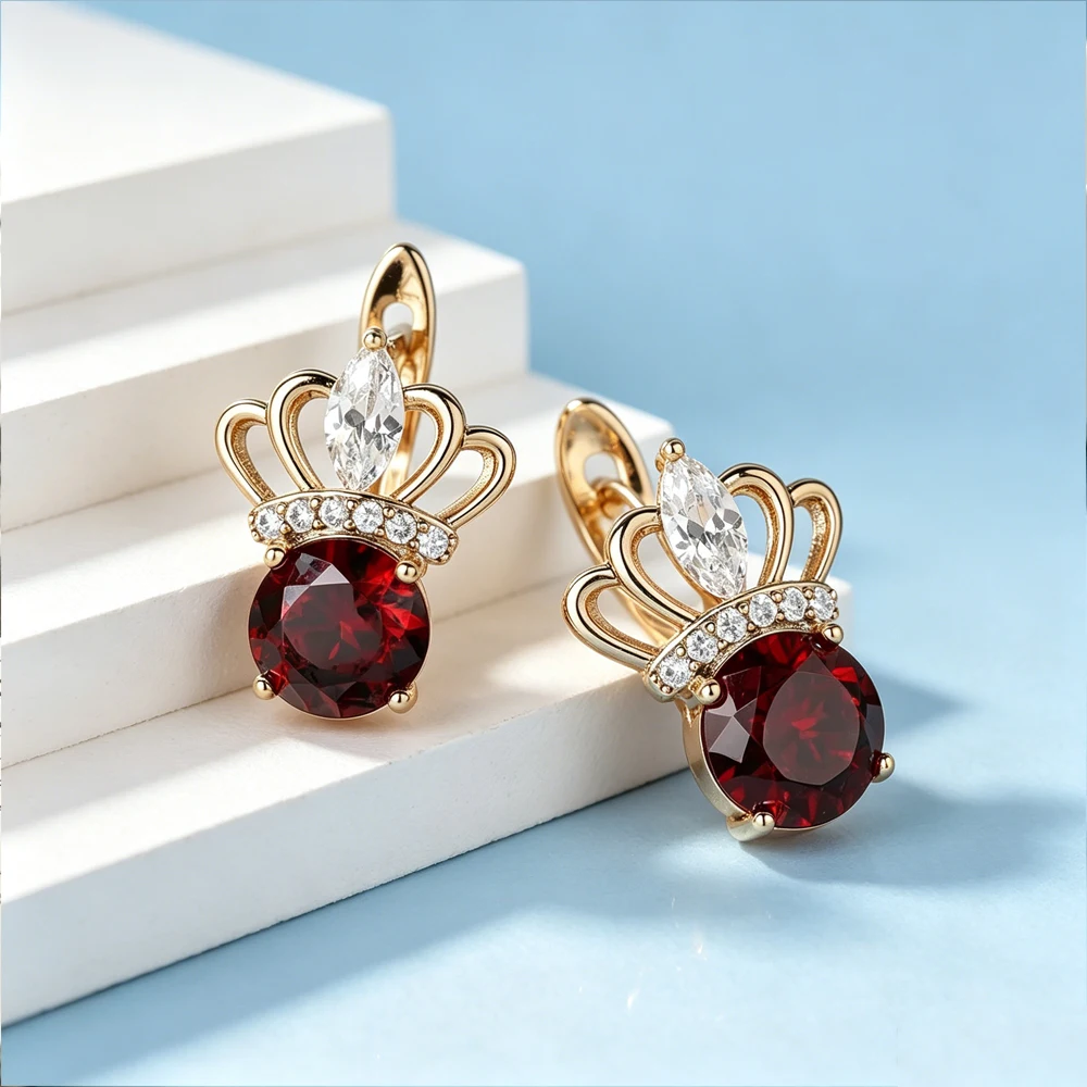 Catuni Retro Crown Gemstone Dangling Earrings Round Garnet Crystal Ring Earpiece Women's Luxurious Wedding Party Jewelry