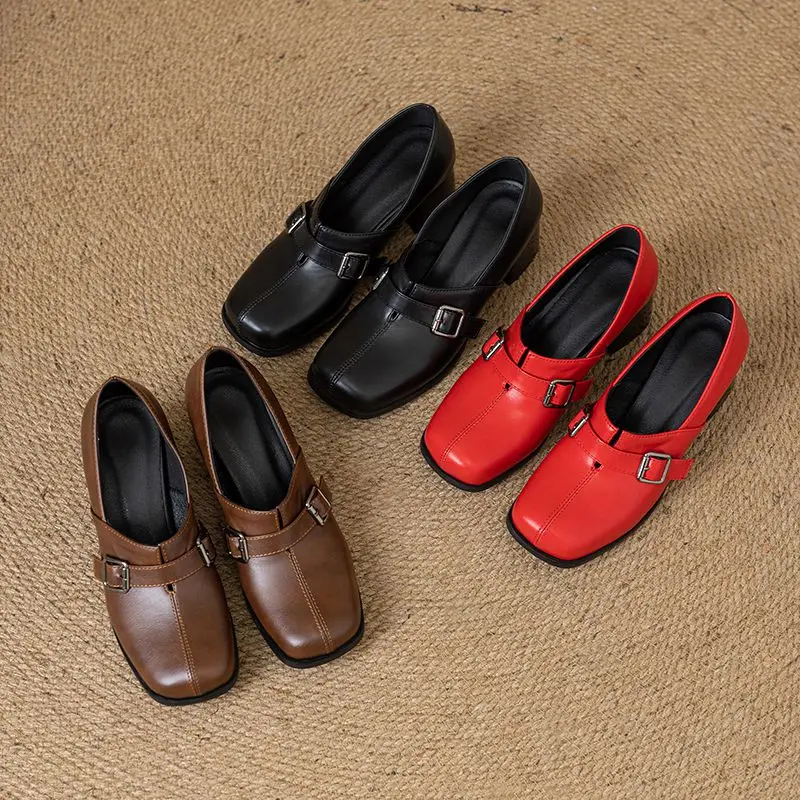 Girseaby Vintage Women Pumps Square Toe Block Heels Slip On Belt Buckle Plus Size 45 46 47 Soft Fashion New Design Summer Shoes