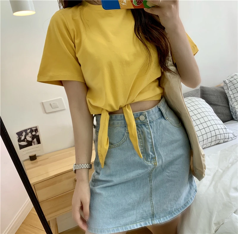 Spring Fashion Y2K T-shirt Woman Summer High Waist Short Sleeve Tee Shirt Femme Solid Sexy Crop Top Vintage Clothes Women