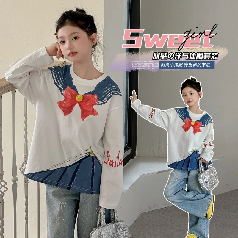 

Girls' Spring Clothing2026New bow-tie navy collar suit, fashionable, stylish, casual, college-styleTT-shirt Two-Piece Set