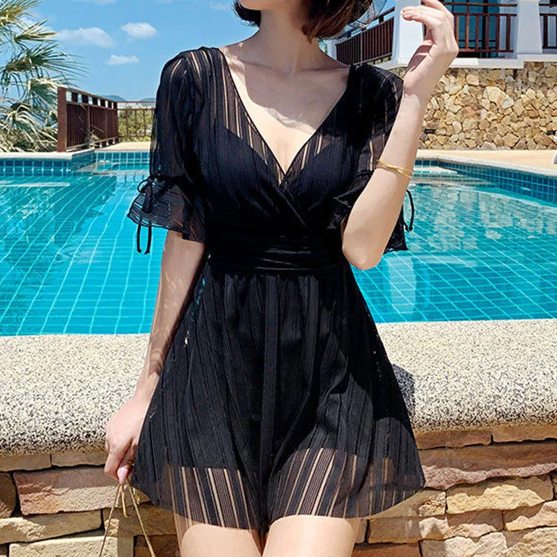 Sexy V-Neck Swimming Suit for Women Push Up Black Mesh Swimsuit Short Sleeve Ladies Swim Dress One Piece Skirt Bathing Suit