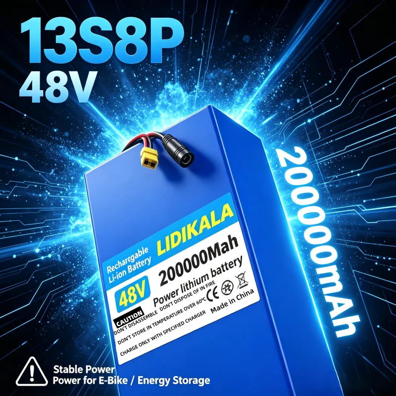 Batteria al litio LIDIKALA 48V 200Ah 13S8P 200000mAh con doppia porta XT60+DC, potenza di picco 2000W, BMS intelligente per e-bike, e-moto, accumulo solare