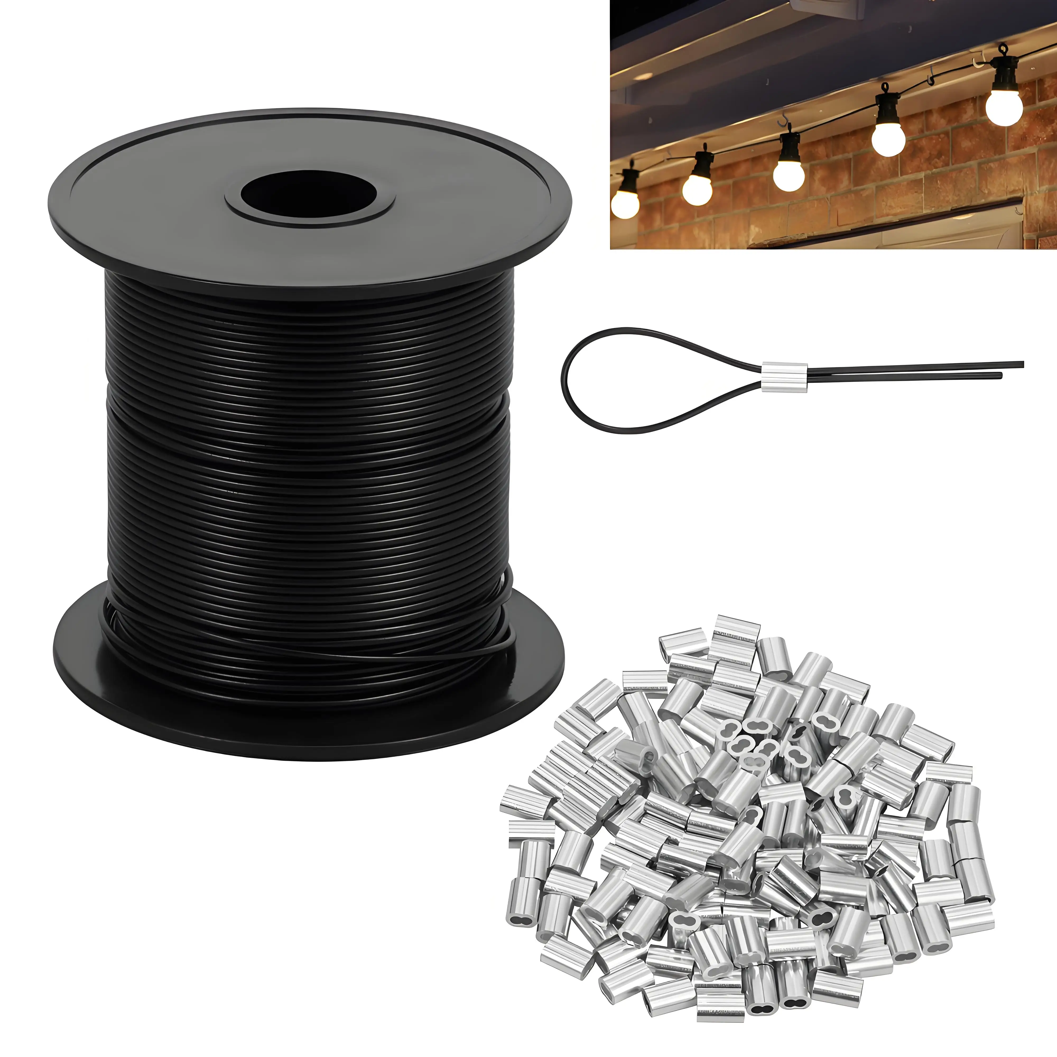 Vinyl Coated Wire Rope 328 FT Cuttable Stainless Steel Wire Cable with 150 Crimping Loop Sleeves for String Light Indoor Outdoor