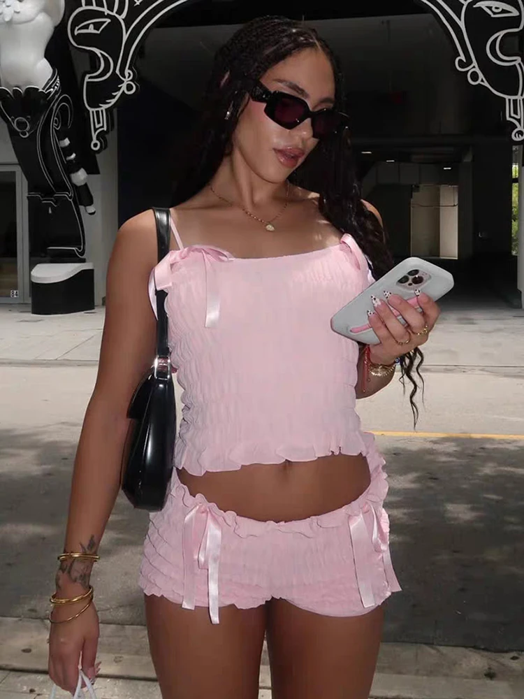 RORORIRI Bow solide Camisole Shorts femmes deux pièces ensemble plis mince Stretch haut court taille basse froufrous pantalons décontractés vêtements de vacances