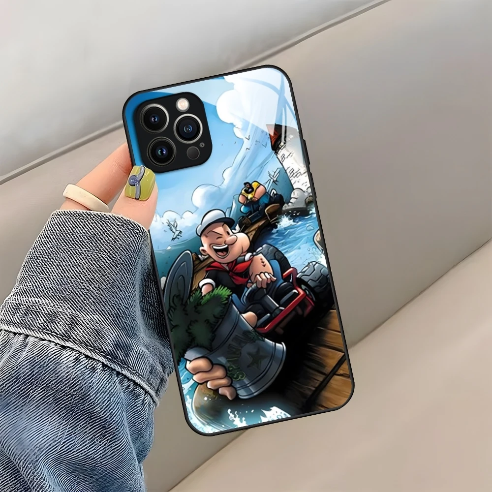 Popeye-funda de teléfono de espinaca para iPhone 14 Pro Max 15 Pro 12 11 13 Mini X XR XS 8 7 6 Plus SE, cubierta trasera de vidrio templado