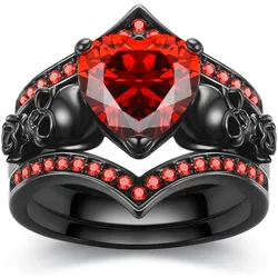 Gothic Black Rose Flower Skull Engagement Ring Set Red Purple Heart Zircon Crystal Anniversary Mother's Day Holiday Gift Jewelry