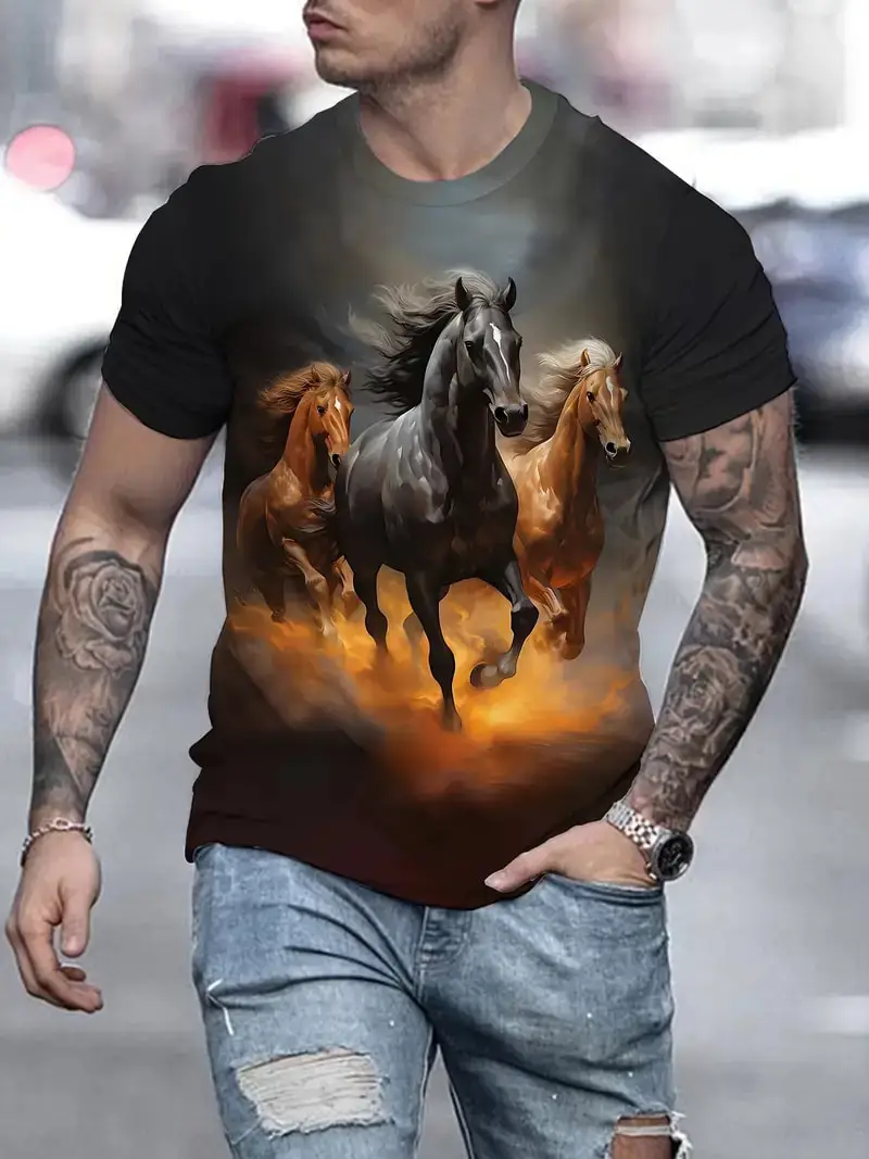 Running White Horse Graphic 3d Print Men's T-shirt Fashion Short Sleeve Crew Neck Unisex Tee shirt Casual Summer Personality Top