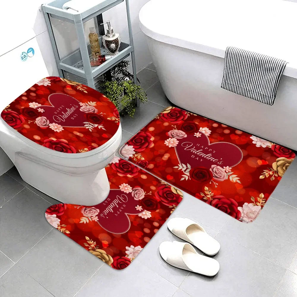 Valentine\'s Day Bathroom Rug Set Holiday Gift Bathtub Decoration Bath Mat Toilet Mat Set Bathroom Drill Decoration