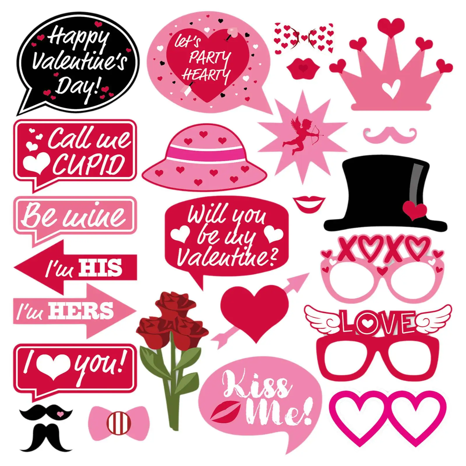 25Pcs/Set Valentine's Day Photo Booth Props Decorations Happy Valentines Day for Anniversary Prom Birthday Engagement Party