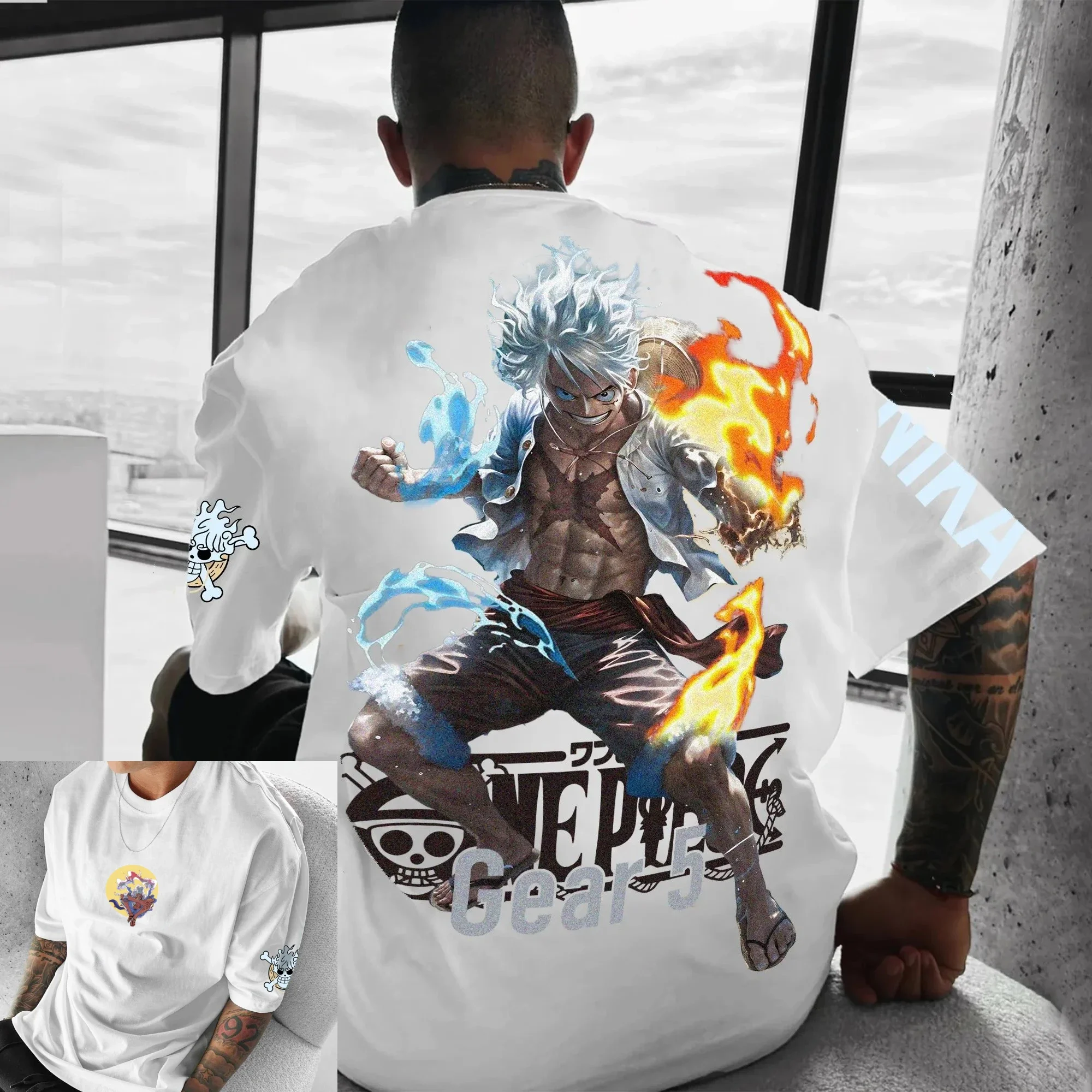 ONE PIECE Luffy T-Shirt Men's Black Graphic Tee Anime Blue Lightning Print Cotton Oversized Streetwear Anime Cosplay