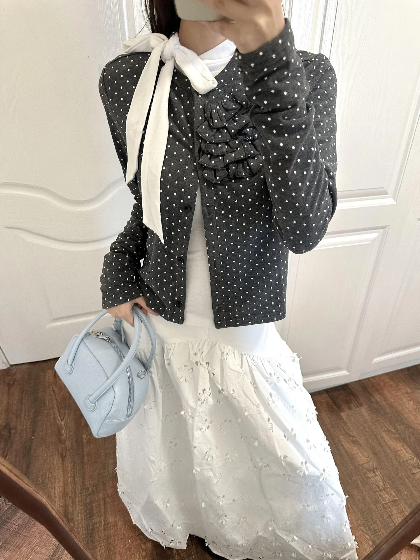 

Korean Sle Polka Dot Knitted ort Cardigan Women's Slim Fit Multi-Layer Lace Sweater Jaet Spring Commute Soft Long Sve