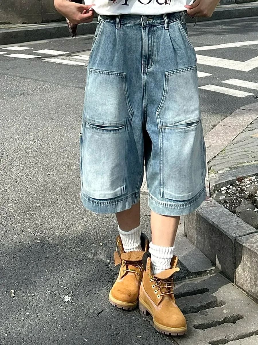 Summer Women's Multi-pocket Design Blue Denim Shorts Unisex Capris Street Girl Casual Bottom Female Wide-leg Calf-length Pants