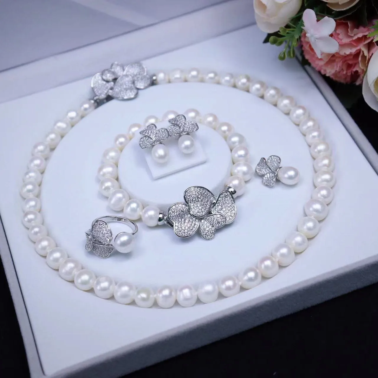 

one set freshwater pearl white gray round 8-10mm necklace bracelet earring ring pendant flower clasp