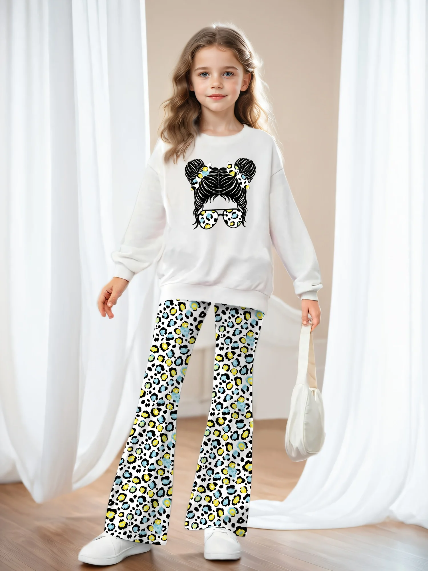 

Детская одежда для девочек, толстовки с принтом «Аватар» для девочек и красочные брюки-клеш в горошек, повседневные весенне-осенние комплекты из двух предметов, универсальные брюки с длинными рукавами и одежда