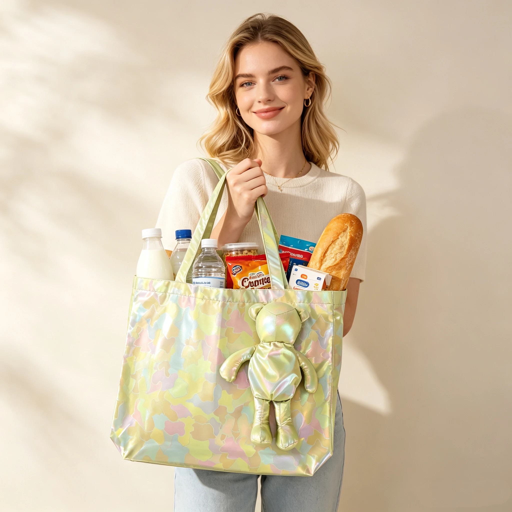 Irisierende Baumwolltasche mit Bärenmotiv, wasserdichte, wiederverwendbare Einkaufstasche, umweltfreundliche Canvas-Tasche – Detail 10