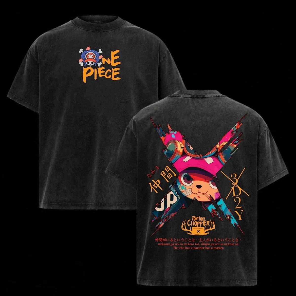 One Piece Tony Tony Chopper  Anime T-shirt Double Side Print Japanese Nakama Text Vintage Distressed Oversized Harajuku