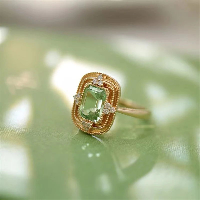 French Vintage Green Zircon Geometric Ring Women Fashion Stainless Steel Adjustable Ring Jewelry Accessories Anniversary Gift