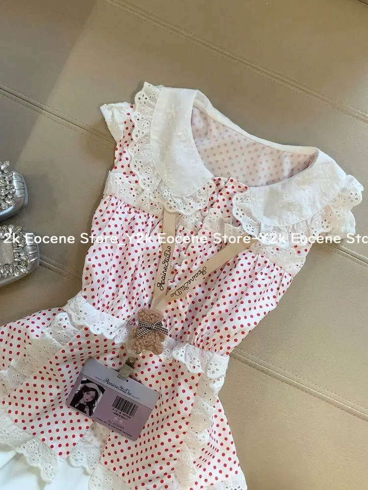 Set Dua Potong Baru Manis Merah Muda Jepang Kemeja Polka Dot Wanita + Setelan Rok Gelembung Putih Pakaian Gaya Putri Desain Kawaii 2025