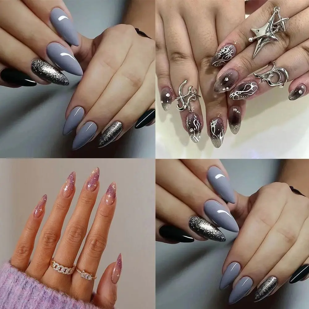 24pcs Detachable Press on Nails Pink Star Fake Nials False Nails French LongBallerina Bursting Flash Milk Grey