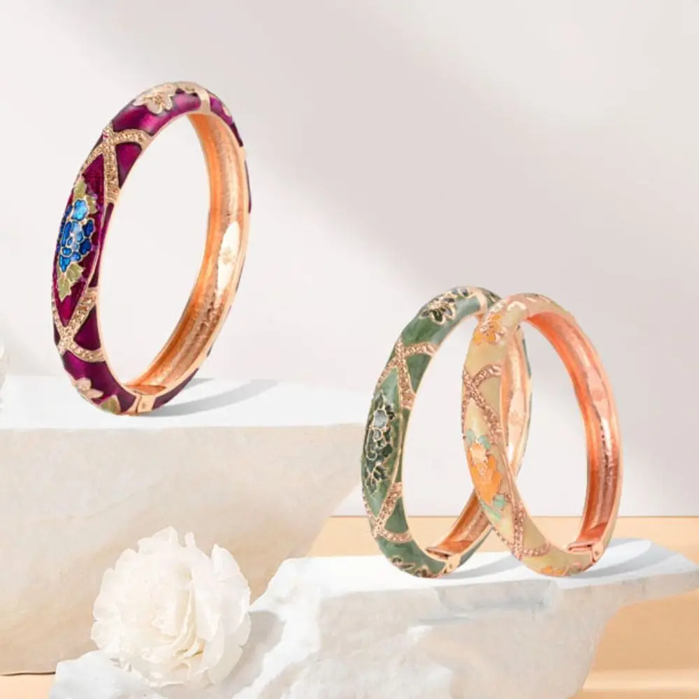 

Double Bangle Vintage Cloisonne Bangle Traditional Chinese Hollow Out Flower Bangle Vintage Ethnic Women's Hand Bracelet