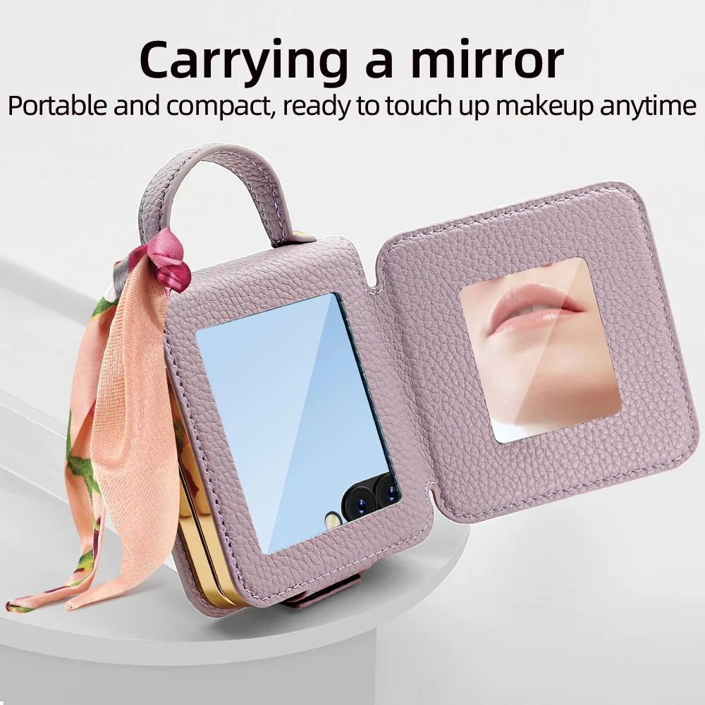 VIETAO Kompatibel mit Galaxy Z Flip 8 Flip 7 Flip6/5/4/3 Hülle mit Schminkspiegel, Schleifenband, Handriemen, plattiertes PU-Leder-Handyhülle